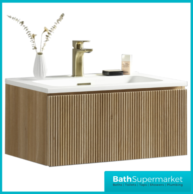 Tailored Fluted Oak Wood Wall Hung Vanity Drawer Unit & White Matt Basin 810mm