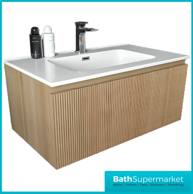 Tailored Fluted Oak Wood Wall Hung Vanity Drawer Unit & White Matt Basin 810mm