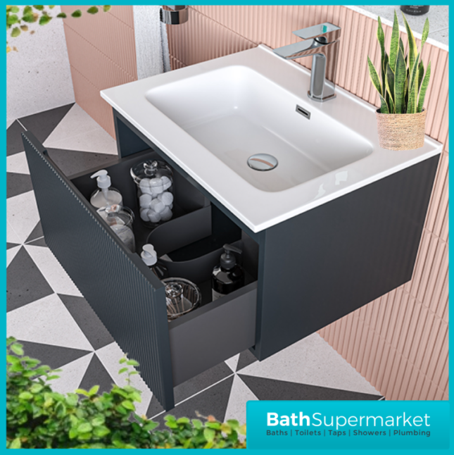 Tailored Fluted Midnight Shadow Wall Hung Drawer Vanity Unit & Matt Basin 810mm