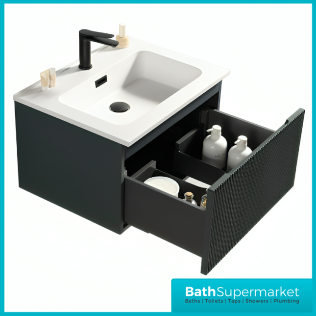 Tailored Fluted Midnight Shadow Wall Hung Drawer Vanity Unit & Matt Basin 610mm
