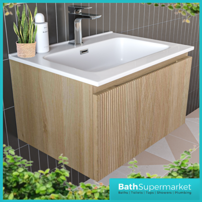 Tailored Fluted Oak Wood Wall Hung Drawer Vanity Unit & Matt Basin 610mm