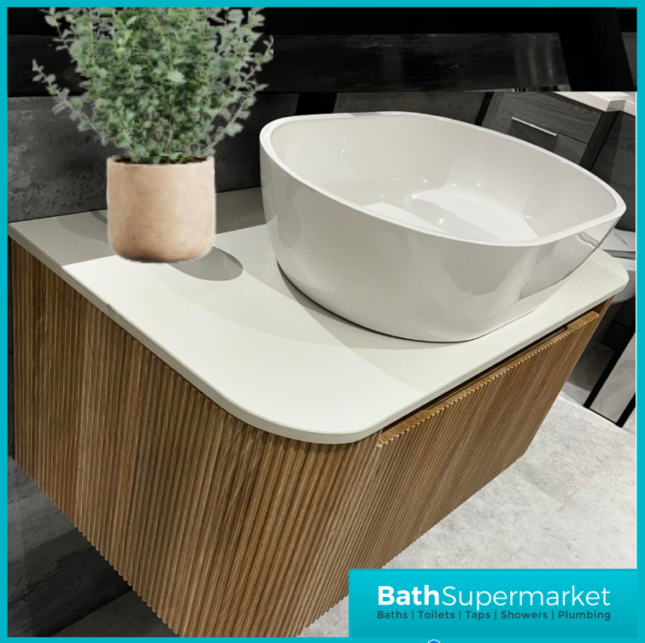 Tailored Fluted Wood Oak Wall Hung Curved Vanity Unit & Stone Counter Top 870mm