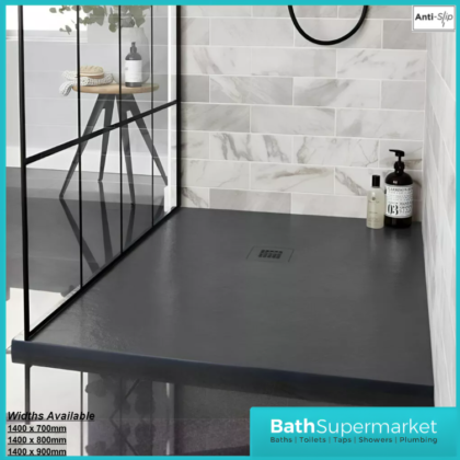 Kartell K-Vit Naturals Graphite Stone Effect Rectangle Shower Trays With Waste – 1400mm