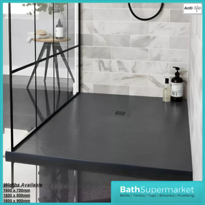 Kartell K-Vit Naturals Graphite Stone Effect Rectangle Shower Trays With Waste – 1600mm