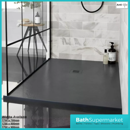 Kartell K-Vit Naturals Graphite Stone Effect Rectangle Shower Trays With Waste – 1700mm