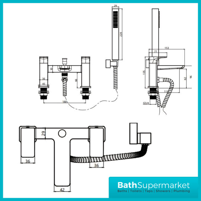 Sognare Mode Matt Black Deck Mounted Twin Lever Handle Bath Shower Mixer Tap