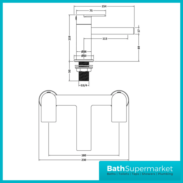 Nuie Canada Chrome Deck Mounted Twin Lever Bath Filler Tap