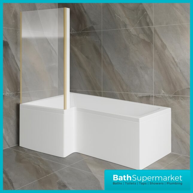 Titan L Shape Bath Left & Right Hand With Brushed Brass Fixed Return Shower Screen