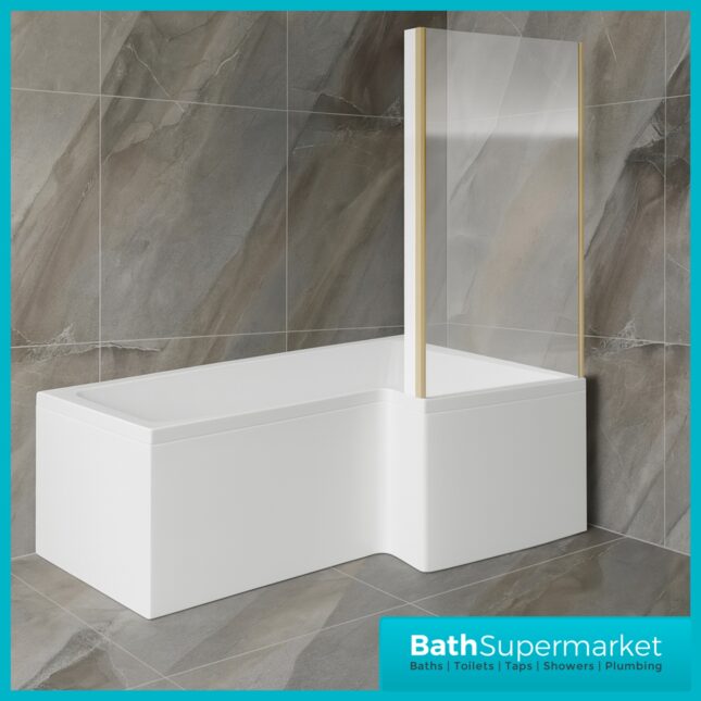 Titan L Shape Bath Left & Right Hand With Brushed Brass Fixed Return Shower Screen