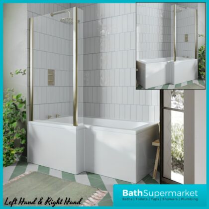 Titan L Shape Bath Left & Right Hand With Brushed Brass Fixed Return Shower Screen