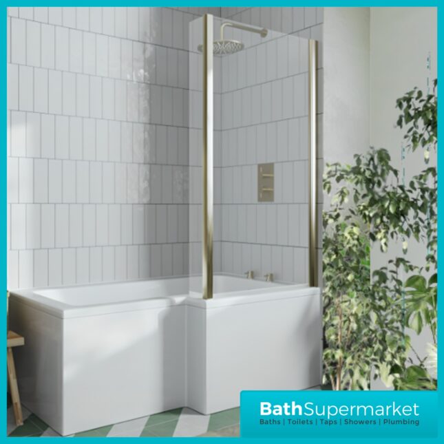 Titan L Shape Bath Left & Right Hand With Brushed Brass Fixed Return Shower Screen