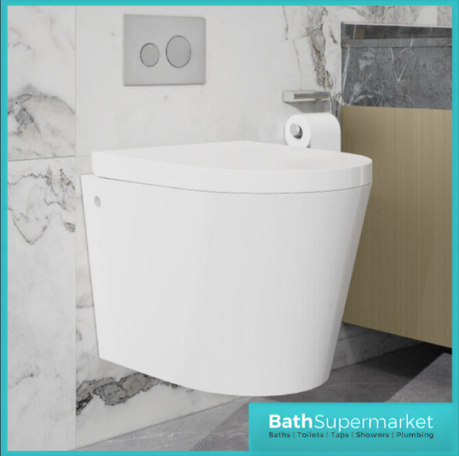 White Rimless Wall Hung Pan With Soft Close Toilet Seat