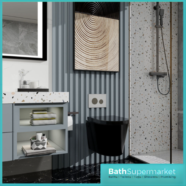 Black Rimless Wall Hung Pan With Soft Close Toilet Seat