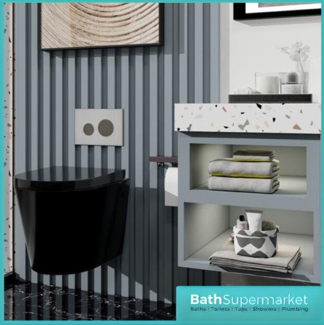 Black Rimless Wall Hung Pan With Soft Close Toilet Seat