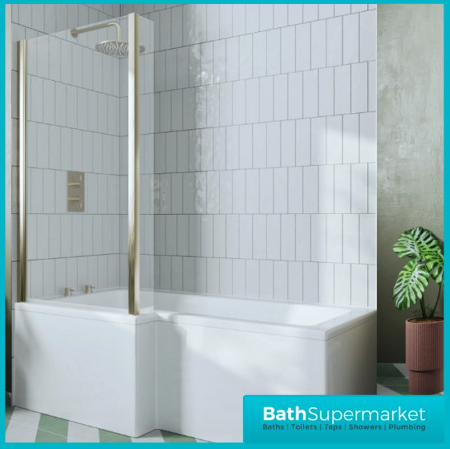 Titan L Shape Bath Left-Right Hand & Brushed Brass Shower Screen With Fixed Return