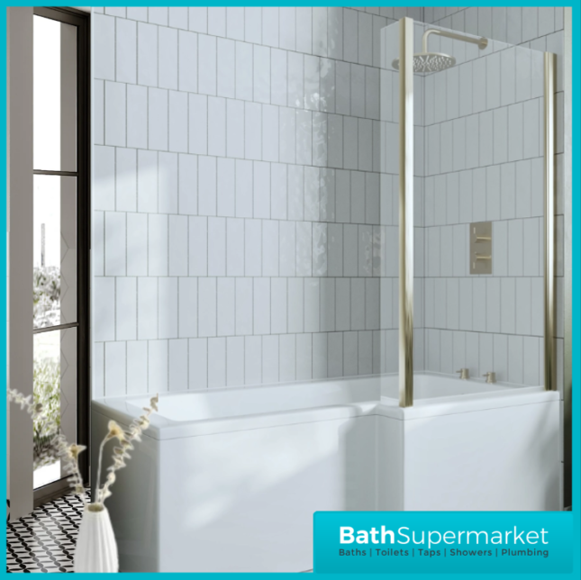 Titan L Shape Bath Left-Right Hand & Brushed Brass Shower Screen With Fixed Return