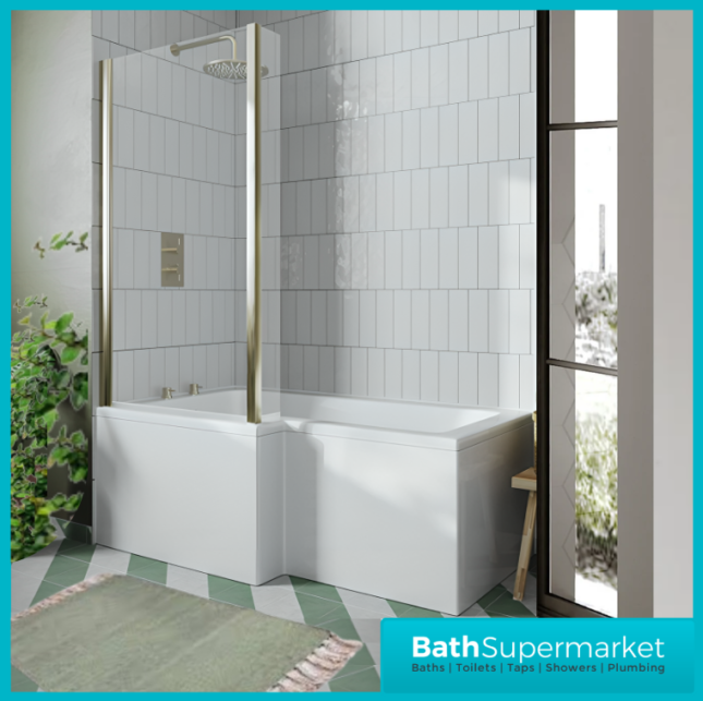 Titan L Shape Bath Left & Right Hand With Brushed Brass Fixed Return Shower Screen