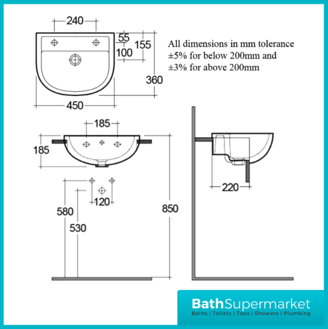 RAK Compact Semi Recessed Basin Right & Left Hand 450mm Wide - 1 & 2 Tap Hole