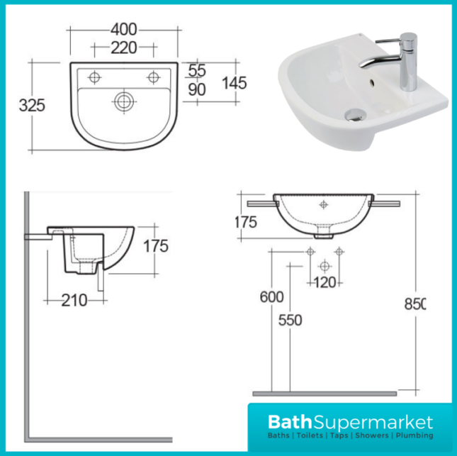 RAK Compact Semi Recessed Basin 1 Tap Hole Right & Left Hand 400mm Wide