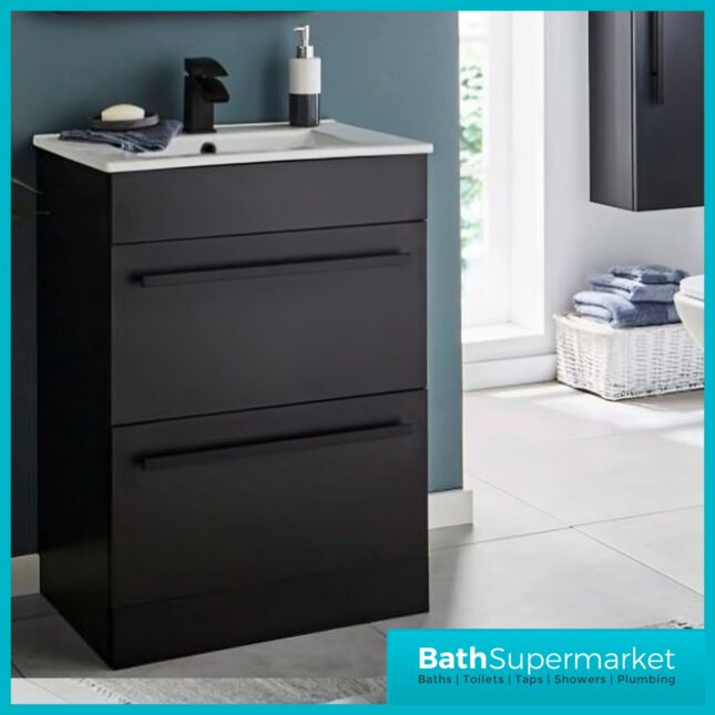 Kartell Purity Nero Matt Black Floor Standing Drawer Basin Unit 600mm With Handles
