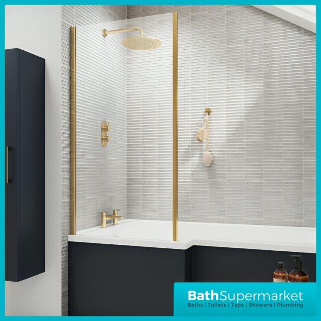 Titan L Shape Bath Left-Right Hand & Brushed Brass Shower Screen With Fixed Return