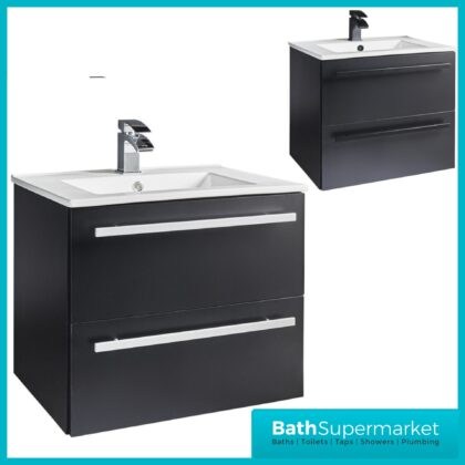 Kartell Purity Nero Matt Black Wall Hung Drawer Basin Unit 600mm With Handles
