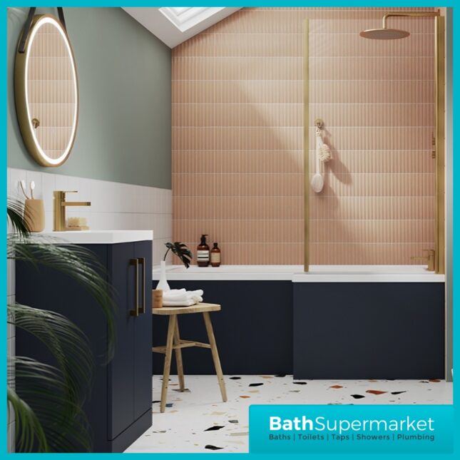 Titan L Shape Bath Left-Right Hand & Brushed Brass Shower Screen With Fixed Return