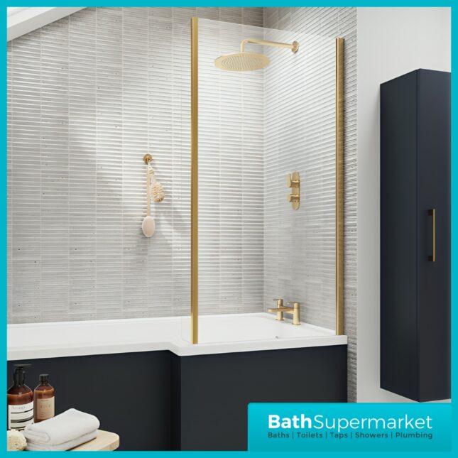 Titan L Shape Bath Left-Right Hand & Brushed Brass Shower Screen With Fixed Return