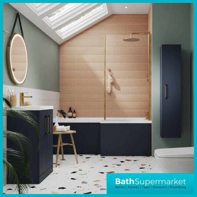 Titan L Shape Bath Left-Right Hand & Brushed Brass Shower Screen With Fixed Return