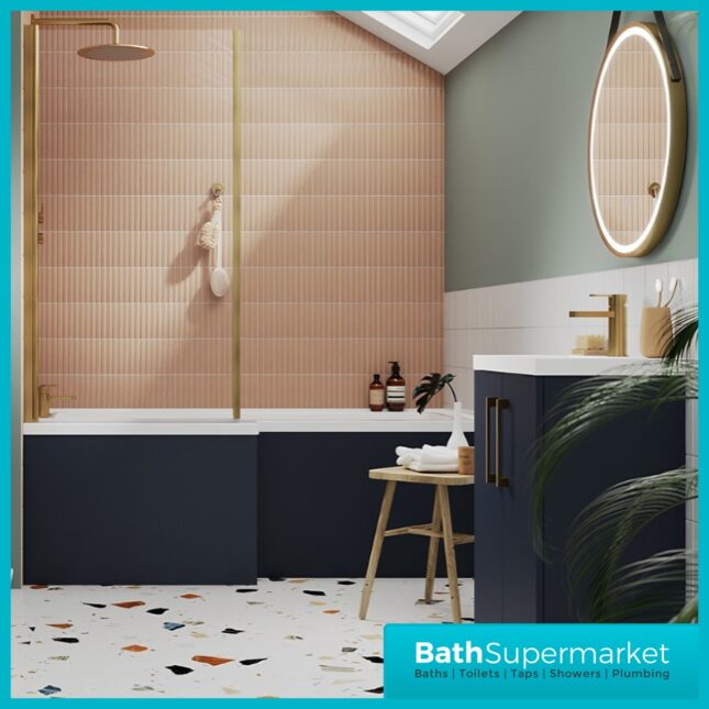 Titan L Shape Bath Left-Right Hand & Brushed Brass Shower Screen With Fixed Return