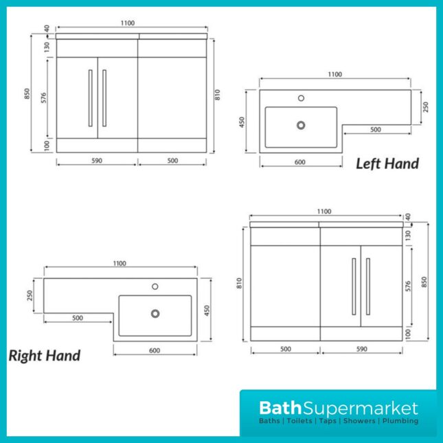 Sognare Mili Matt Grey L Shape Vanity Basin & WC Unit Pack 1100mm LH & RH