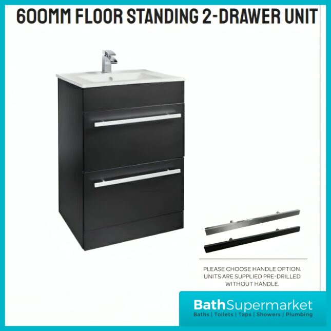 Kartell Purity Nero Matt Black Floor Standing Drawer Basin Unit 600mm With Handles