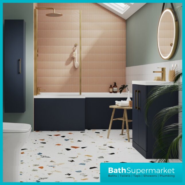 Titan L Shape Bath Left-Right Hand & Brushed Brass Shower Screen With Fixed Return