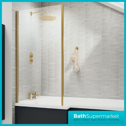 Titan L Shape Bath Left-Right Hand & Brushed Brass Shower Screen With Fixed Return