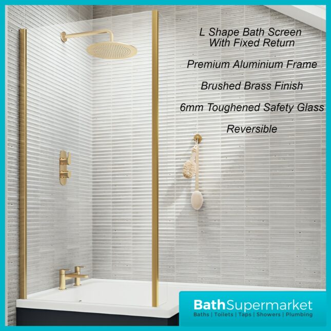 Titan L Shape Bath Left-Right Hand & Brushed Brass Shower Screen With Fixed Return