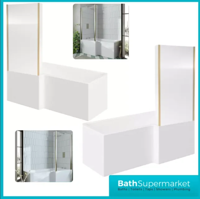 Titan L Shape Bath Left & Right Hand With Brushed Brass Fixed Return Shower Screen