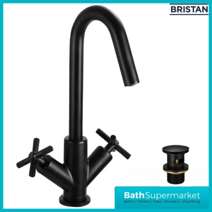 Bristan Cruzar Matt Black Twin Crosshead Handle Basin Mixer Tap With Clicker Waste