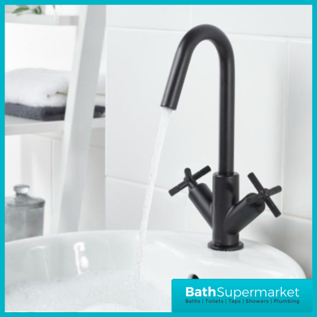 Bristan Cruzar Matt Black Twin Crosshead Handle Basin Mixer Tap With Clicker Waste