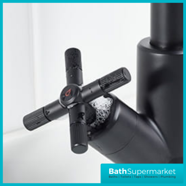 Bristan Cruzar Matt Black Twin Crosshead Handle Basin Mixer Tap With Clicker Waste