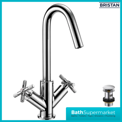 Bristan Cruzar Chrome Twin Crosshead Handle Basin Mixer Tap With Clicker Waste