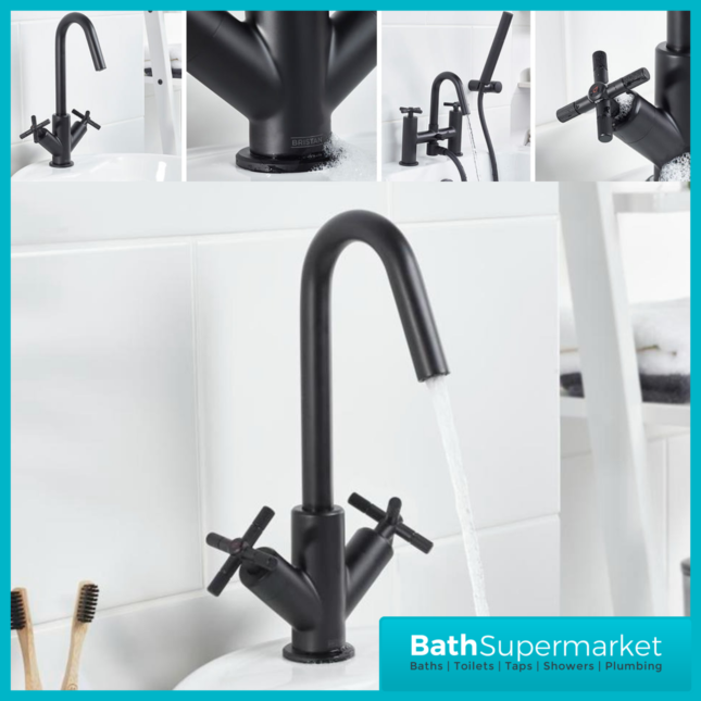 Bristan Cruzar Matt Black Twin Crosshead Handle Basin Mixer Tap With Clicker Waste