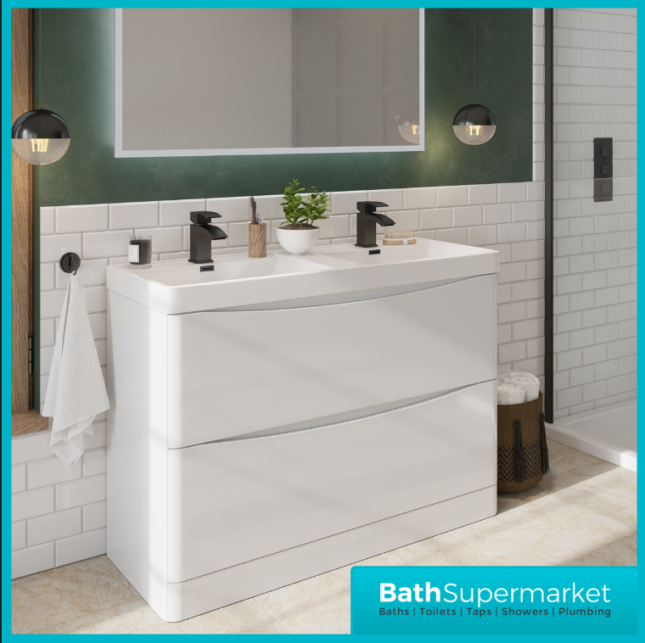 Sognare Cella Gloss White Double Basin Vanity Floor Standing Cabinet 1200mm
