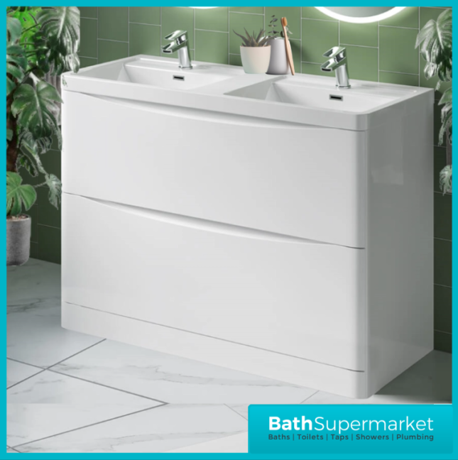 Sognare Cella Gloss White Double Basin Vanity Floor Standing Cabinet 1200mm