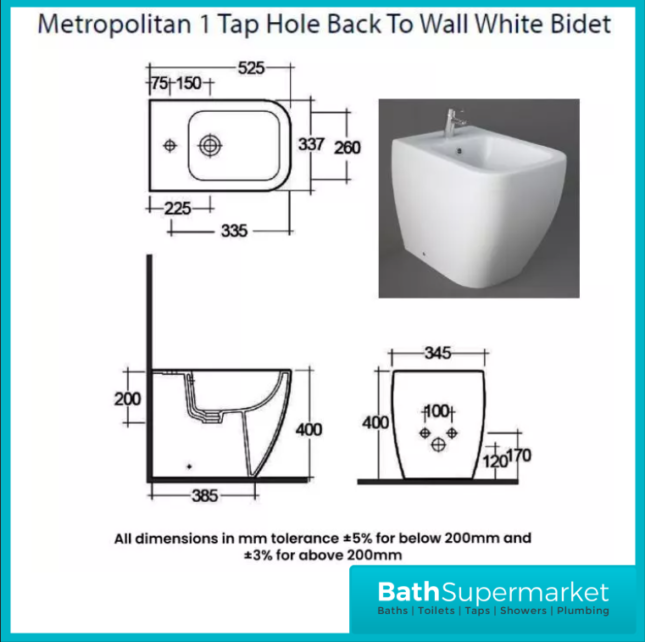 RAK Metropolitan Alpine White Floor Standing Back To Wall Bidet 1 Tap Hole