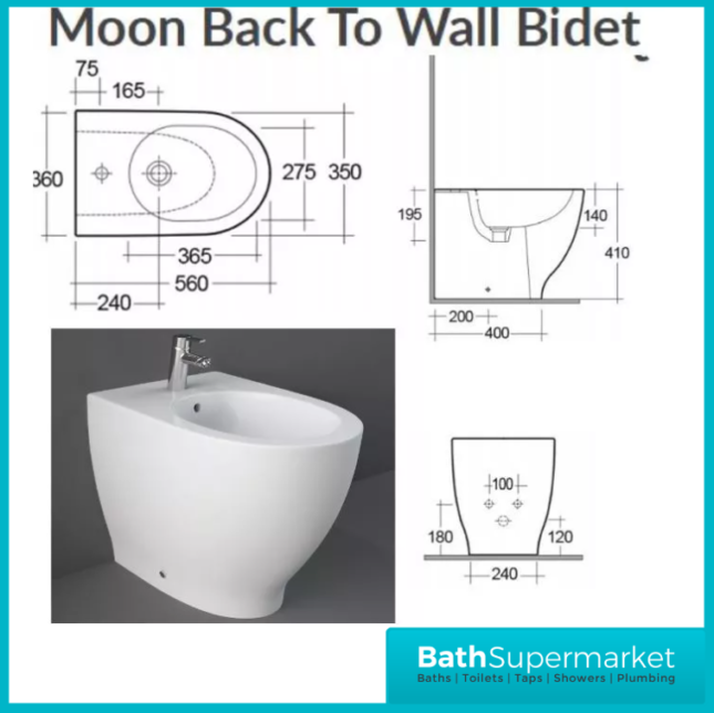 RAK Moon Alpine White Floor Standing Back To Wall Bidet 1 Tap Hole