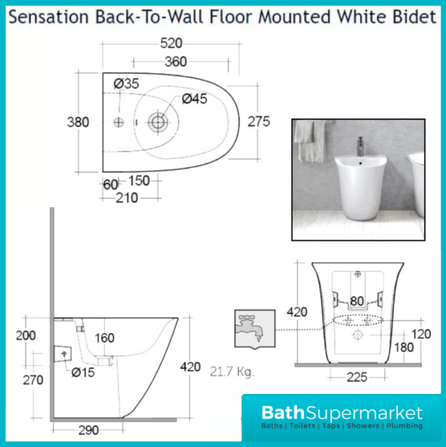 RAK Sensation Alpine White Floor Standing Back To Wall Bidet 1 Tap Hole