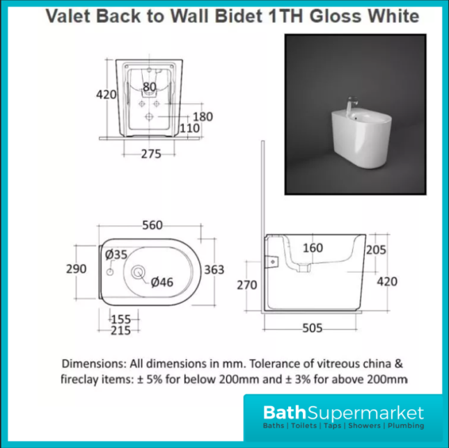 RAK Valet Alpine White Floor Standing Back To Wall Bidet 1 Tap Hole