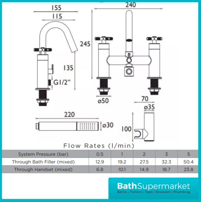 Bristan Cruzar Chrome Twin Crosshead Handle Bath Shower Handset Mixer Tap Kit