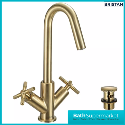 Bristan Cruzar Brushed Brass Twin Crosshead Handle Basin Mixer Tap With Clicker Waste