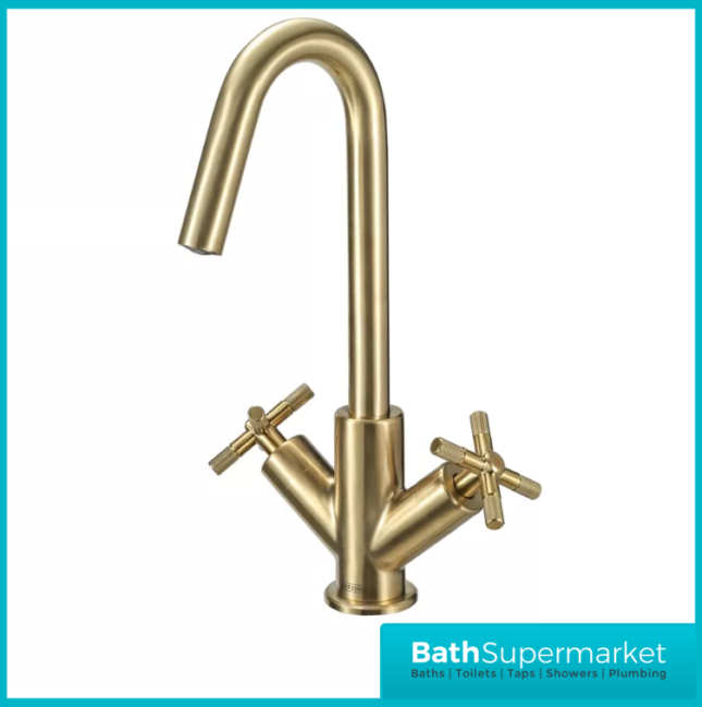 Bristan Cruzar Brushed Brass Twin Crosshead Handle Basin Mixer Tap With Clicker Waste